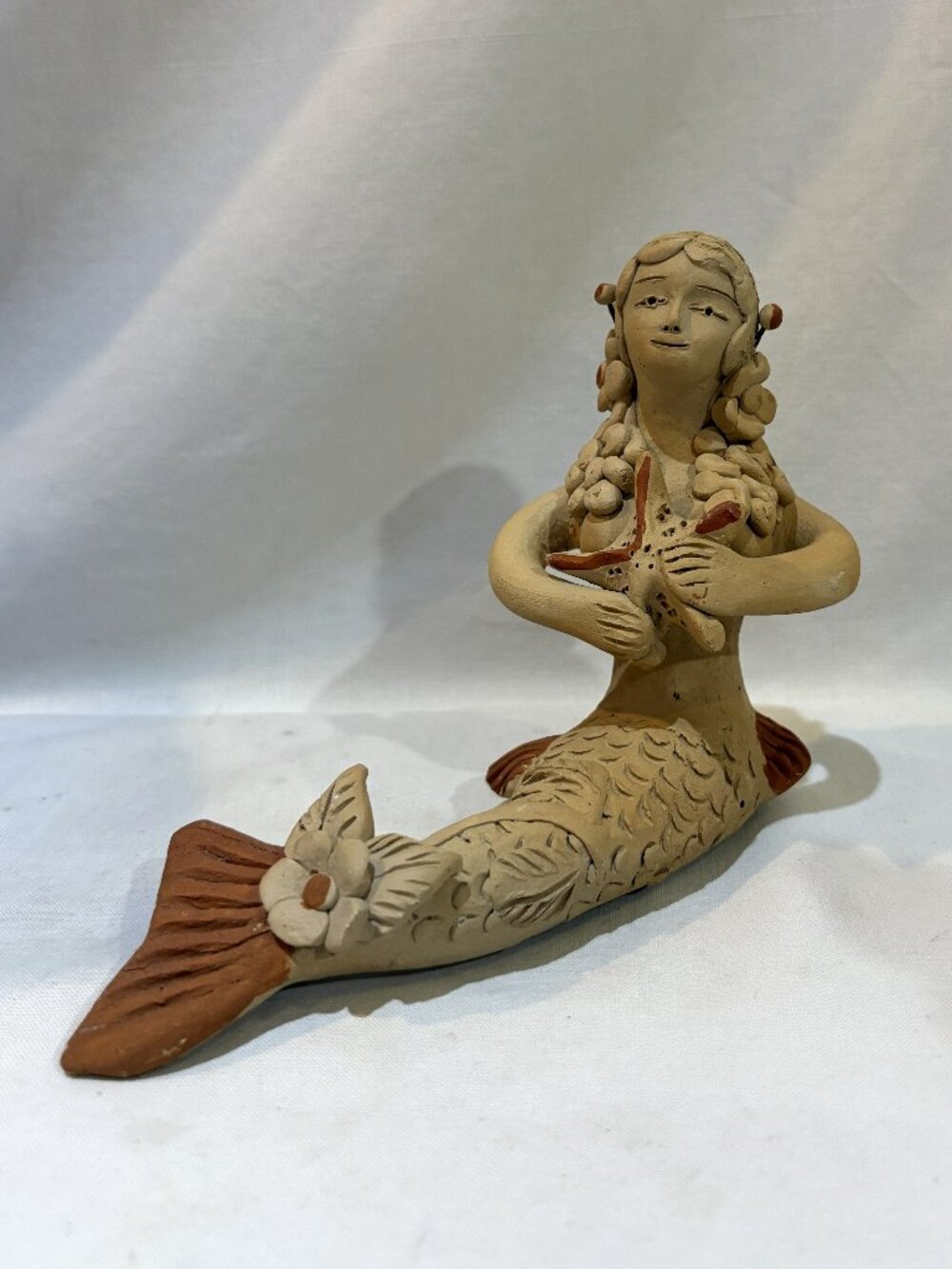 Handmade Clay Pottery Little Mermaid Holding Starfish Sculpture Figurine
